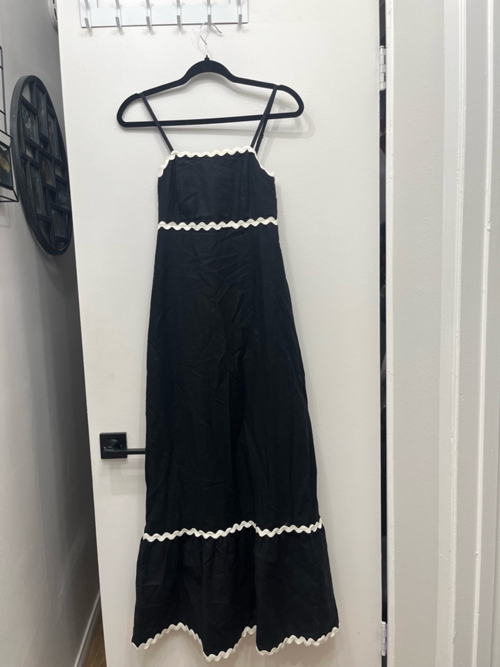 Black Cotton/Linen Blend Maxi Dress with White Rickrack Trim XS